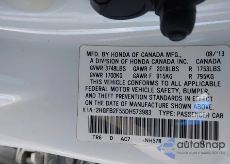 2013 Honda Civic Lx z USA, uszkodzony, nr VIN 2HGFB2F55DH573983